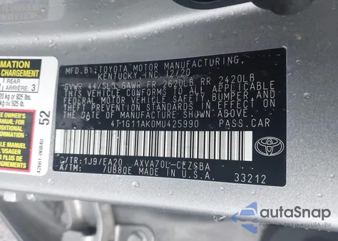 2021 Toyota Camry Se from USA, damaged, VIN 4T1G11AK0MU425990